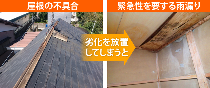 屋根の不具合劣化を放置してしまうと緊急性を要する雨漏り